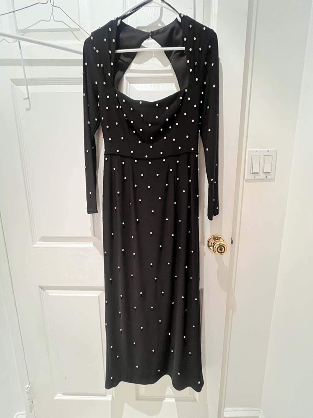 Black Long Sleeve Pearl-Embellished Midi Dress